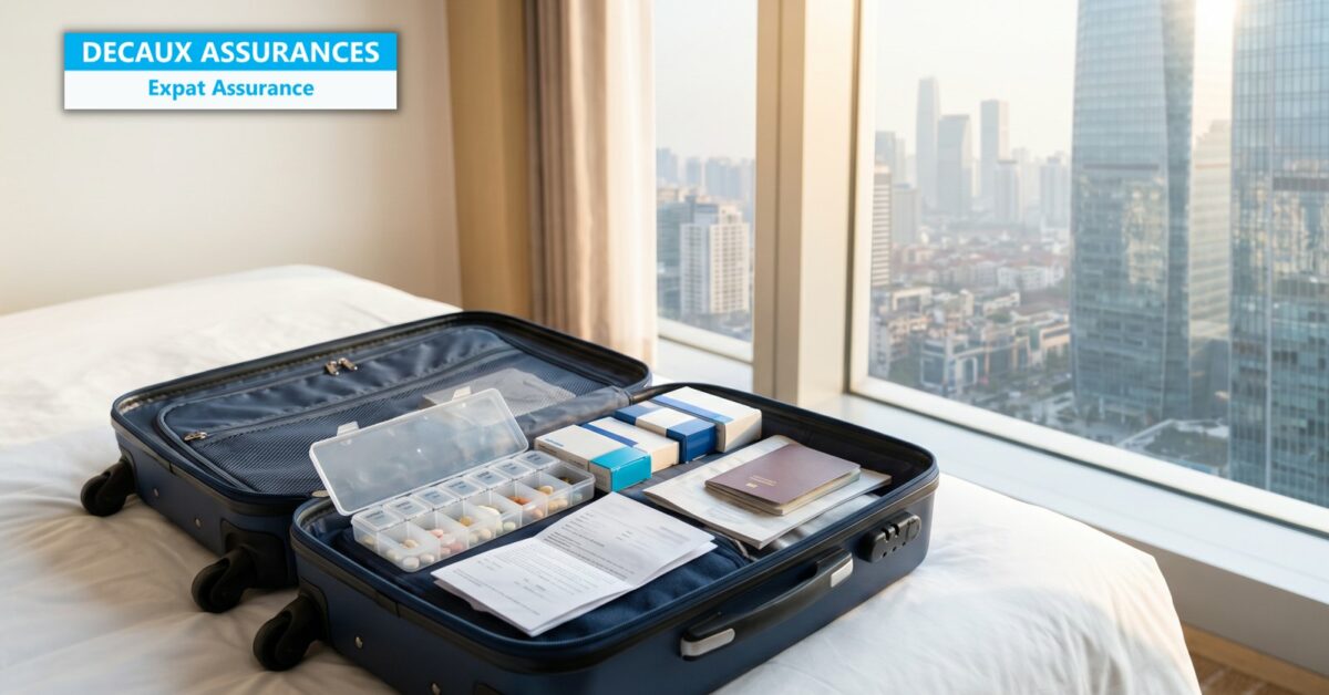 Expat Assurance – valise d'expatrié avec traitement médical, ordonnance et passeport
